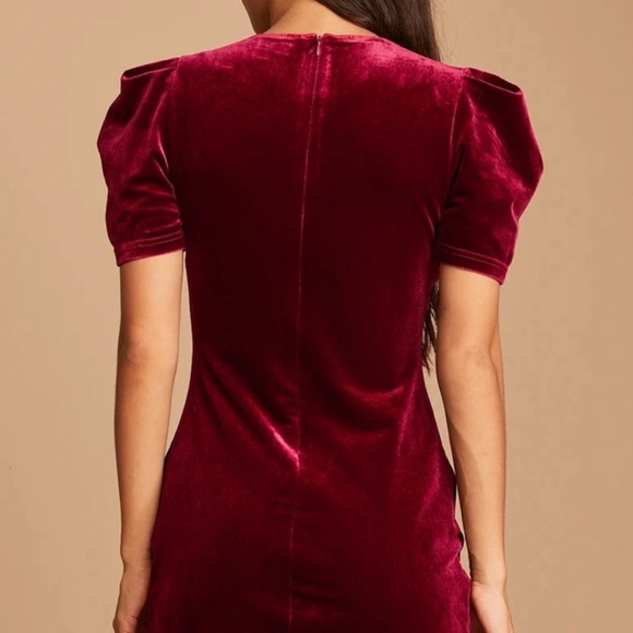 LuLus Velvet Make it Memorable Wine Red Puff Sleeve Bodycon Mini Dress Small - Picture 6 of 7